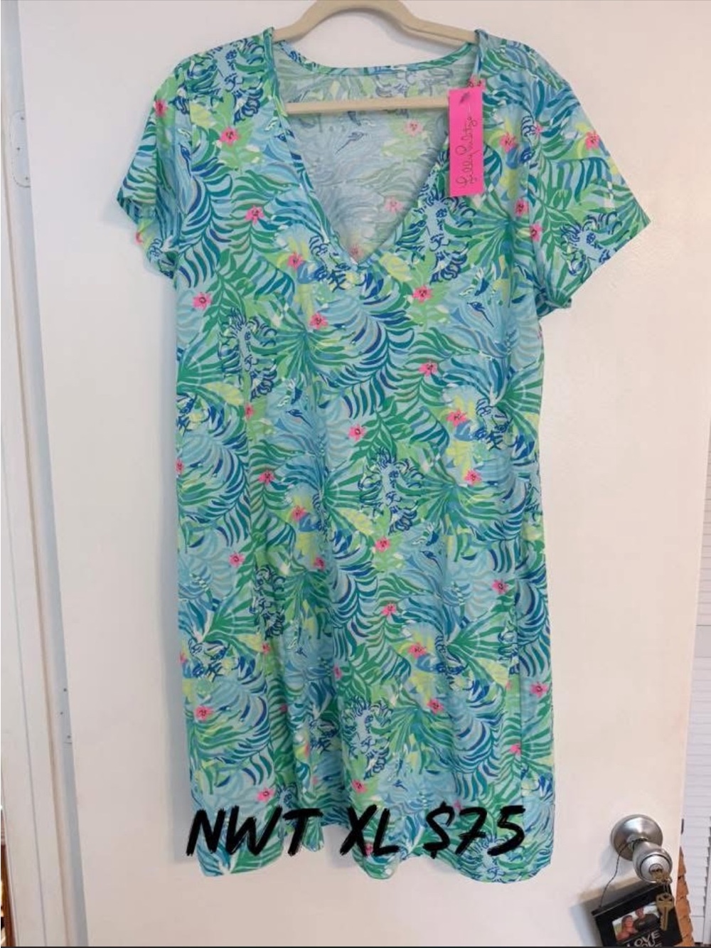 Lilly Pulitzer Green and Blue Tropical Mini Dress with Pink Accents